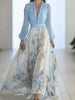 Women Elegant Print Dress Long Sleeve Deep V Neck High Waist Loose Dresses Robe Femme Holiday Party Womens Clothing