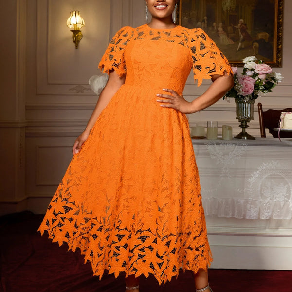 Elegant Lace Dress Irregualr Length Wedding Guest Bridal Shower for Bride Midi O Neck Hollow Out Women Classy Business Party