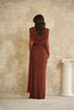 Solid Draped Neckline Long Dress Women Elegant Full Sleeve Cinched-waist Pleated Bodycon Robe Lady Chic Evening Dinner Gown
