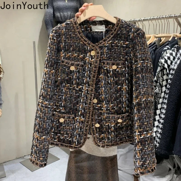 Vintage Jackets Women Clothing O-neck Long Sleeve Pocket Tweed Temperament Tops Korean Cropped Coat Y2k Clothes