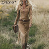 Western Retro Solid Suede Spliced Tassel Dress Woman Sexy Hollow Zipper Lapel Party Dress Autumn Long Sleeve Slim Bodycon Dress