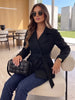 Women Black Belted Double Breasted Coat High Neck Long Sleeve Tailored Fit Elegant Jacket Winter Office Casual Outerwears