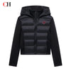 CH Womens Round Sew On Patch Detail Horizontal Quilted Hooded Padded Jacket Full Zipper Casual Daily Wear