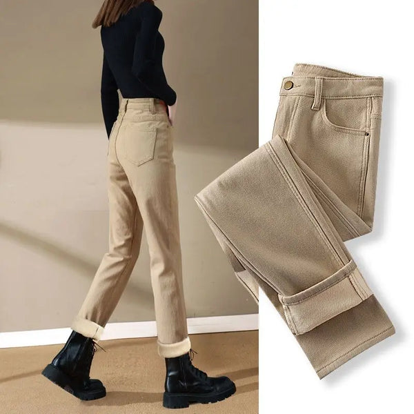 Spring Winter Plus Velvet Women Jeans Button High Waist Solid Pants Pockets Thicken Casual Straight Trousers
