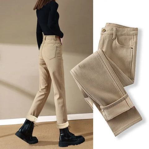 Spring Winter Plus Velvet Women Jeans Button High Waist Solid Pants Pockets Thicken Casual Straight Trousers