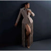Women Two-Piece Set Turn‑Down Collar Long Sleeve Cinched Waist Blazer Maxi Fringe Slit Skirts Elegant Chic Outfits