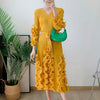 Spring Solid Pleated Dress Ruffle Edge V-Neck Long Sleeved with Belt Dresses Elegant Women's Clothing 6RG72391