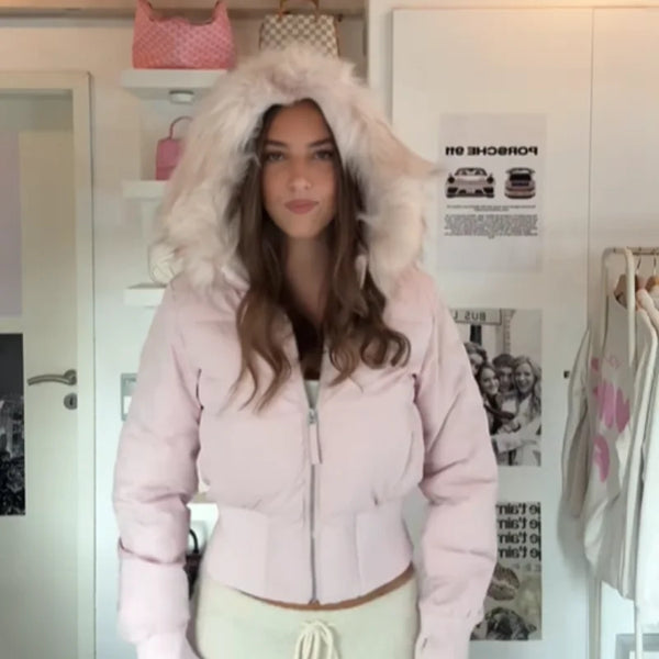 Chic Fur Collar Hooded Women's Cotton Jacket Solid Zipper Slim Waist Pocket Warm Thick Coat Winter Autumn Female Outerwear