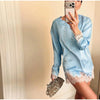 Women's Satin Short Dress Patchwork Lace Trim Crew Neck Long Sleeve Loose Dresses Spring Lady Casual Daily Chic Streetwear