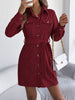 Autumn Winter Casual Solid Color Corduroy Women Dresses Elegant Single Breasted Long Sleeve Lace Up Mini Dress Khaki Black Red