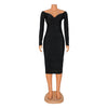 Women Off Shoulder V-neck Ruched Stacked Bodycon Midi Dress Autumn Winter Long Sleeve Party Club Prom Vestidos