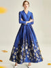 Elegant Brocade Jacquard Women Long Maxi Dress Blue Floral Ladis Party Fall Autumn Winter Clothing