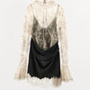 Elegant Lace Patchwork Short Dress Women See Through High Collar Flare Sleeve Party Dresses Autumn Lady Evening Robes