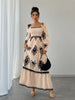 Women's All Over Print Shirred Bishop Sleeve A Line Dress, Long Sleeve Dress for Fall & Winter