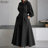 Plus Size Women Stylish Belted Pleated Maxi Dresses Long Sleeve Lapel Half Buttons Solid Color Long Dress Streetwear 5XL