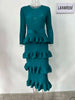 Long Pleated Dress Women Round Neck Solid Color Ruffles Cake Belt Dresses Multi-layer Female Elegant Clothing 2R6863