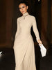 Autumn Elegant High Collar Long Sleeve Ruched Slim Fit Long Dress Women'S Solid Casual Party Club Street Clothes