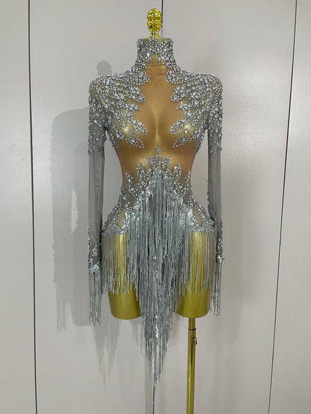 Sexy Performance Stage Costume Sparkly Rhinestones Tassel See-Through Dress Women Bars Nightclub Party Latin Dance Dress
