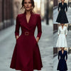 Women Long Sleeve V Neck Midi Dress With Belt A Line Swing Skirt Elegant Office Party Cocktail Wear