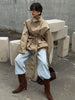 Beige Belted Long Outerwears Women Stand Up Collar Long Sleeve Loose Coat Autumn Streetwear Office Lady Tops