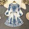 Autumn Women's V-neck Long Sleeved Bohemian Printed Dress Retro Lantern Sleeve Chinese Style Blue White Porcelain Dress
