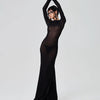 Black Long Sleeve Transparent Lace Dress for Women Sexy Floor-length Evening Dress Slim Party Club Dresses Red Christmas Dress