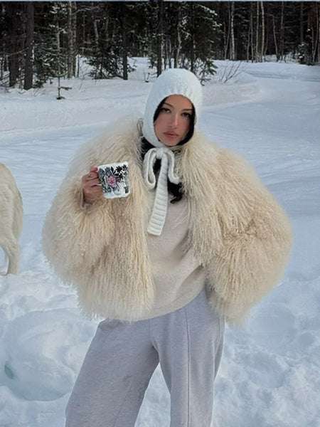 Women White Fluffy Short Fake Fur Coat Solid Full Sleeves Round Neck Coat Chic Warm Winter Street Outerwears