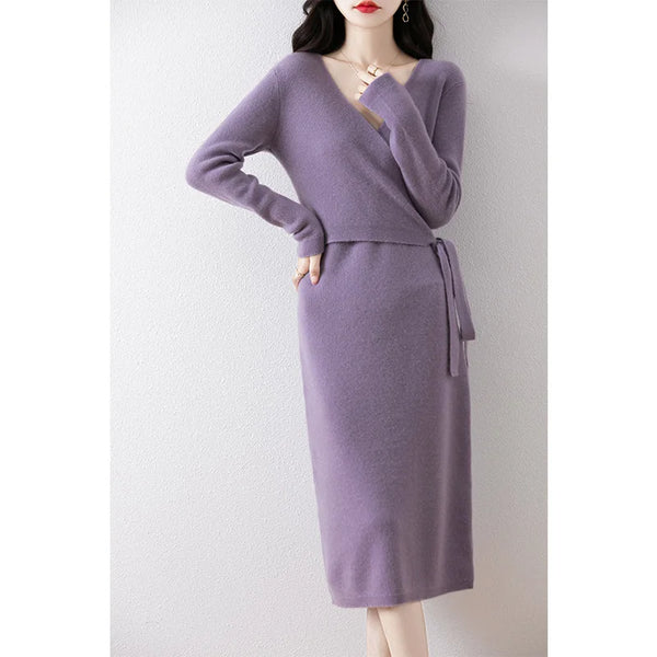 Women V-neck 100% Merino Wool Dress Sweater Autumn Winter Crossing Lace-up Long Sleeve Pullover Knit Skirt Office Lady Knitwear