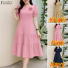 Elegant Chic Womens Tiered Midi Dresses Fabric Flower Detailed O-Neck Short Puff Sleeve Solid Color A-Line Dress Woman