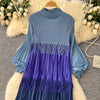 Tassel Patchwok Color Block Dress for Women Pleated Puff Sleeve Mid-calf Dresses Female Autumn