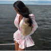 Women's Pink Floral Print Puff Sleeve Dress With Waistband Deep V-neck Chic Satin Ruffled Hem Mini Dress Elegant Sexy Robes
