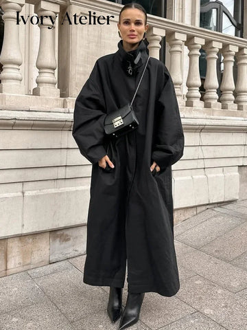 Black Stand Collar Trench Coat Women Casual Long Sleeve Single-breasted Loose Windbreaker Lady Autumn High Street Outwear