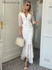 Women White Floral Print Maxi Dress V Neck Puff Sleeve Peplum Waist Fishtail Hem Chiffon Robe Elegant Party Wedding Guest Gown