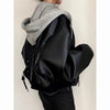 Korean Black PU Leather Jacket Women Hooded Loose Spring Autumn Zipper Fake Two-Piece Versatile Outerwear