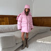 Women's Oversized Quilted Jacket With Hooded Stand Collar Long Sleeve Zipper Pocket Coat Lady Warm Winter Outerwear