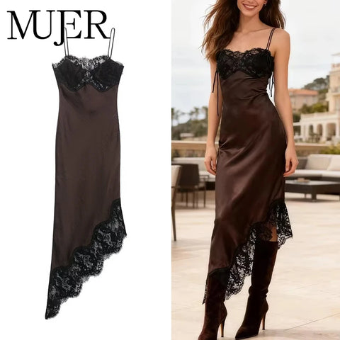 Mujer Lace Slip Midi Dress Woman Asymmetric Satin Womens Dresses Evening Dresses for Women Sexy Night Women's Dresses