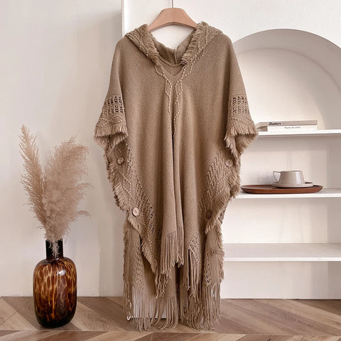 Autumn Winter Women Knitted Cape Shawl Wrap Cloak Ethnic Hooded Poncho Hoody Jumper Sweater Tassels Echarpe Blanket