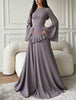 Round Neck Flared Long-Sleeve Long Gown for Women, High-Waisted with Ruffled Hem, Flowing and Elegant Floor-Length Party Evening Dress