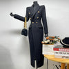 Women's Black Long Wool Coat Autumn Winter Tweed Jacket Lapel Double-Breasted Elegant Fitted Long Outerwear