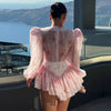 Print Shoulder Pad Waist Cinching Short Dress Women Sexy O-neck Lantern Long Sleeve Cascading Ruffle Slim Dresses Chic Partywear