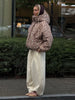 Women Deer Spotted Hooded Puffer Jacket Brown White Dots Drawstring Hood Cropped Elastic Cuff Coats Warm Winter Casual Outerwear