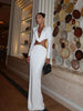 Waistless Elegant Dress Women Classic Full Sleeve Padded Bra Deep V-Neck Metal Buckle Hipster Simple Skinny Vestidos