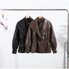Solid PU Leather Jacket Women Turn-down Collar Zipper Front Puffy Sleeves Stylish Coat Spring Casual Lady Outerwear