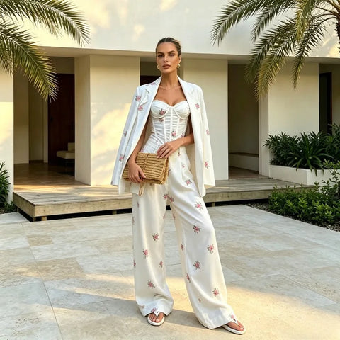 Spot-Floral Printed 3pcs Sets for Women Strap Corset Lapel Blazer Jacket Straight Pants Lady Set Vacation Outfits Suits