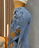 Women Streetwear Cutout Hollow Out Criss Cross Side Wide Leg Blue Denim Pants Sexy Party Jeans Trousers