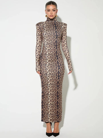 Leopard Print Long Sleeve Sexy Maxi Dress For Women Autumn Winter Elegant Turtleneck Printed Bodycon Long Dress