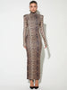 Leopard Print Long Sleeve Sexy Maxi Dress For Women Autumn Winter Elegant Turtleneck Printed Bodycon Long Dress