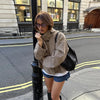 Turtleneck Short Checkered Coat Women Double Breasted Long Sleeve Outerwear Autumn Lady Daily Casual Jacket