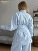 Loose Blue Stripe Women's 3 Pieces Set Elegant Long Sleeve Shirt + Corset With High Waist Wide Pants Set