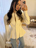 Women Asymmetric Peplum Blazer Jacket V Neck Shoulder Pad Long Sleeve Slim Fit Waist Buttons Irregular Hem Party Office Suit
